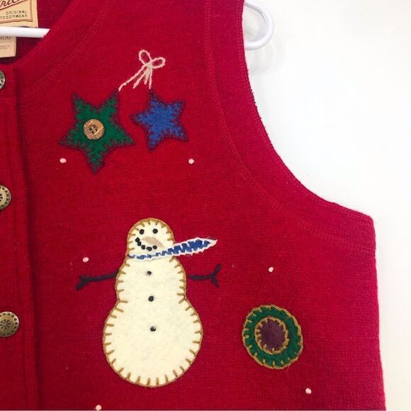 Woolrich Red 100% Wool Holiday Theme Vintage Button Up Christmas Winter Vest - Picture 7 of 12